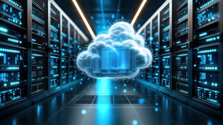 A futuristic data center with glowing blue servers and a digital cloud symbolizing cloud computing and data storage.